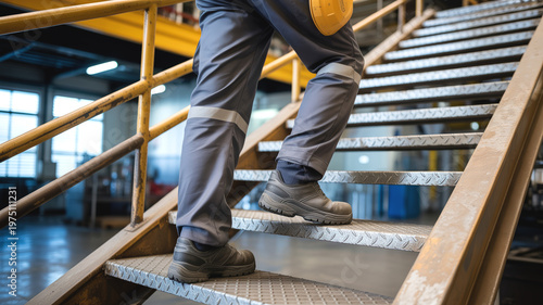 Worker climbing metal stairs in industrial factory wearing safety gear