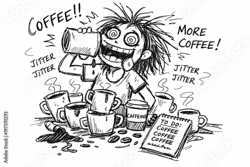 Overload imperfect funny drinking coffee vector person much icon doodle concept