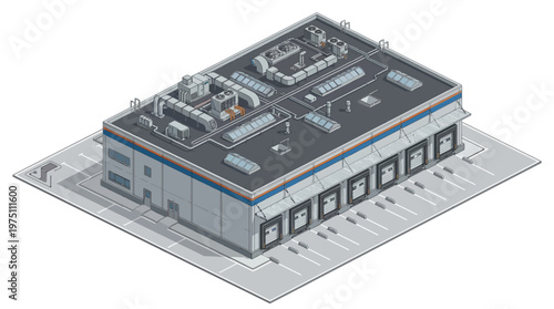 Isometric pixel art industrial warehouse. Modern commercial building featuring rooftop HVAC, loading docks, and spacious parking, ideal for logistics and distribution