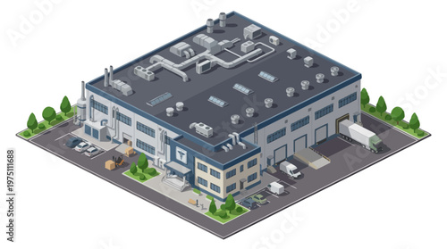 Detailed isometric illustration of a contemporary industrial complex, highlighting a factory or large warehouse with operational loading docks, delivery trucks, and advanced logistics infrastructure