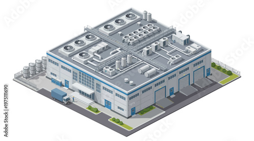 Modern industrial factory building with loading docks and a truck in an isometric view, representing logistics and manufacturing processes