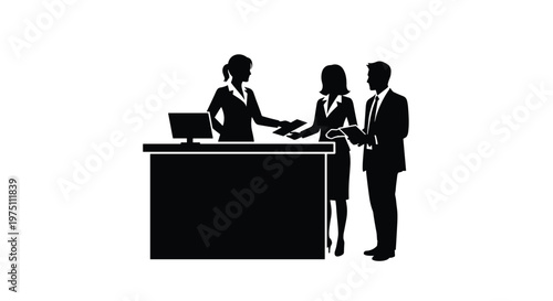Professional silhouettes of a female clerk handing important documents to a business couple at a service desk on a clean white background for corporate.