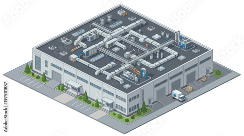 Isometric pixel art of a modern industrial facility with complex rooftop HVAC, symbolizing efficient design and advanced operational infrastructure