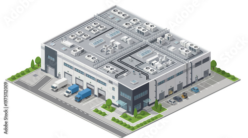 Modern industrial building exterior with loading docks, trucks, and parking area, depicting logistics and supply chain operations
