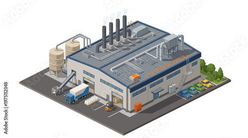 Detailed isometric industrial factory building illustration depicting production, logistics, and supply chain operations for modern manufacturing processes
