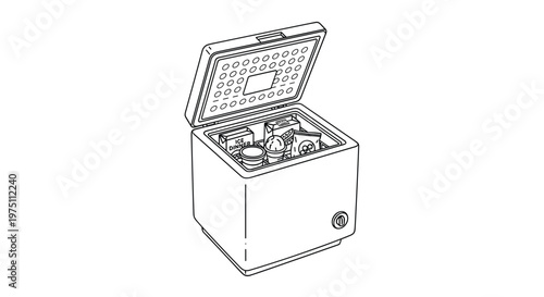 Line-art drawing of an open chest freezer filled with various food items like ice cream and frozen snacks stands against a plain white studio background.