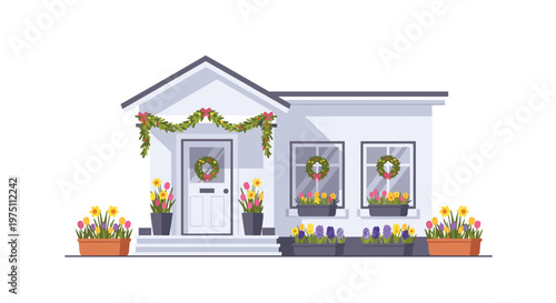 A pristine suburban home facade features festive green garlands and vibrant spring flowers in window boxes under a bright clear sky with soft lighting.