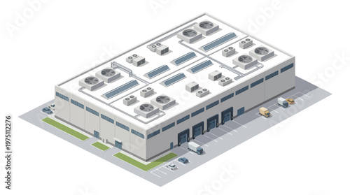 Industrial warehouse building with loading docks and ventilation units, isometric view of commercial real estate for logistics and storage