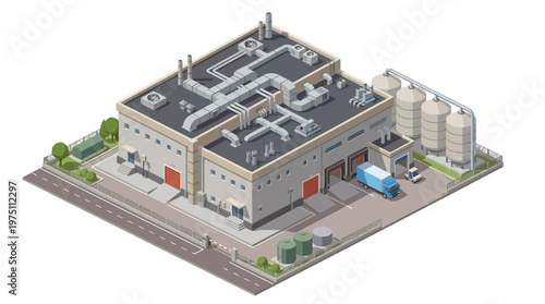 Isometric illustration of a modern industrial complex featuring a factory, storage silos, and delivery truck, symbolizing global production and supply chain logistics