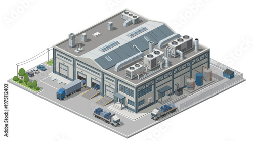 Industrial factory building with trucks and loading docks, isometric view