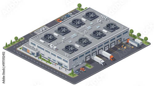 Isometric modern industrial warehouse and logistics center. Building features loading docks, trucks, and rooftop ventilation, vital for supply chain efficiency