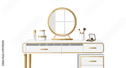 Elegant white dressing table with luxurious gold accents holds skincare bottles and organized makeup drawers under a bright and spacious studio environment.