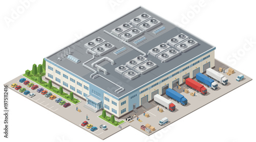 Isometric view of a modern logistics center, illustrating efficient warehousing, cargo distribution, and supply chain operations with delivery trucks and parking area concept