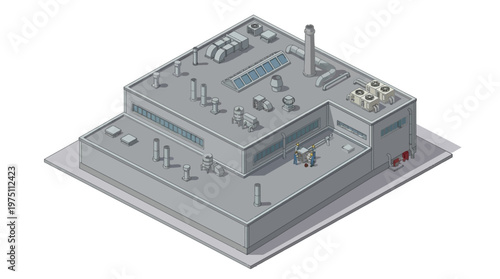 Isometric view of a modern industrial factory building, illustrating manufacturing and production processes in a commercial setting