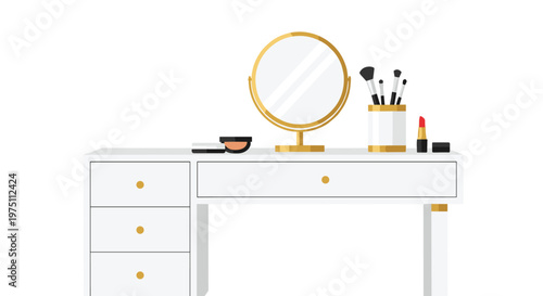 Minimalist white vanity table displays essential beauty products and a circular golden mirror against a pristine bright studio background with soft light.