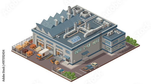 Isometric illustration of a manufacturing factory building with loading docks, vehicles, and surrounding grounds