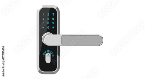 A vertical silver smart door lock with a numeric keypad, a fingerprint scanner, and a sleek handle is isolated on a plain, clean, bright white background.