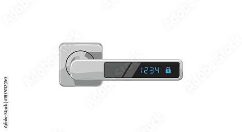 A sleek, modern silver door handle features an integrated digital keypad display showing the numbers 1234 and a glowing blue locked icon on a white background.