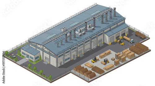Industrial building illustration of a factory or warehouse with loading docks and storage of goods