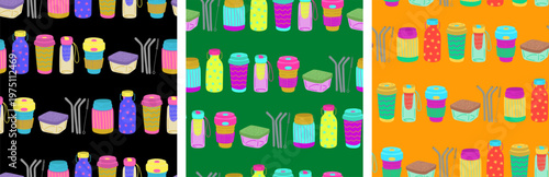 set of reusable eco friendly zero waste seamless patterns with water bottles coffee cups metal straws and lunch boxes on colorful backgrounds