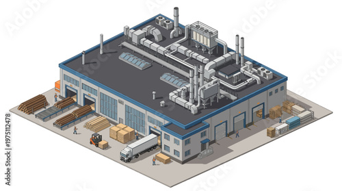 Isometric view of a modern industrial building with loading docks, trucks, and stacked cargo, representing logistics and manufacturing operations
