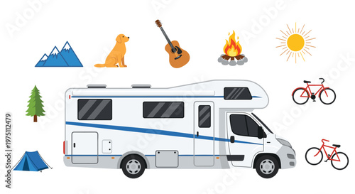 A white camper van is accompanied by icons of mountains, a dog, a guitar, a campfire, a sun, and two bicycles on a clean, bright, minimalist white background.