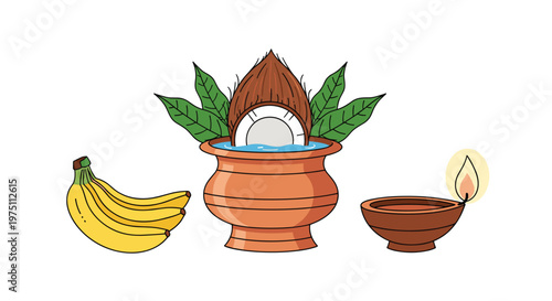 Traditional brass kalash pot with fresh green leaves and coconut sits beside ripe yellow bananas and a glowing clay diya lamp in this festive illustration.