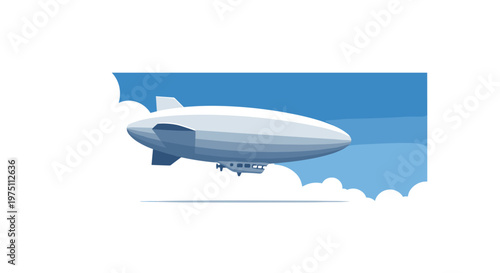 Gray airship gliding gracefully through fluffy white clouds against a bright blue sky, depicted with a side profile view in a clean flat design style.