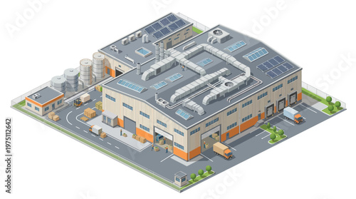 Isometric illustration of an industrial factory complex with solar panels and loading docks, showcasing manufacturing and logistics