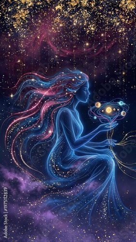 A celestial, ethereal woman made of blue light sitting in the cosmos and holding a small planetary system