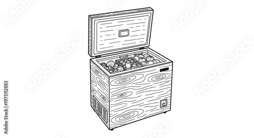 A line-art drawing of a wooden-textured chest freezer with the lid open, revealing various food items inside on a clean and bright white background.