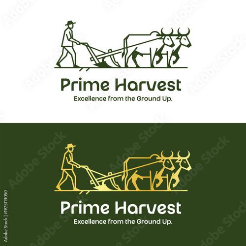 Prime Harvest Logo with Farmer and Oxen Plowing