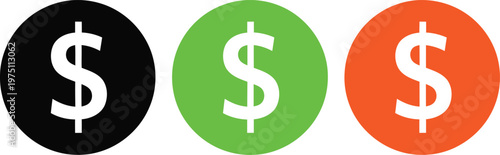 Three colorful circular icons featuring a white dollar sign symbol on black green and orange Vector