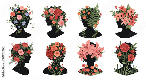 Artistic collection of eight human head silhouettes filled with lush floral arrangements featuring roses and lilies in a delicate and vibrant color palette.