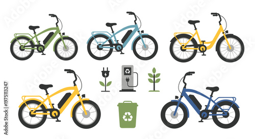 Modern eco-friendly transportation collection featuring five colorful electric bicycles displayed with charging station icons and recycling symbols on white.