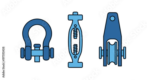 Industrial marine hardware components featuring a heavy duty shackle and a stainless steel turnbuckle displayed against a clean bright white background.