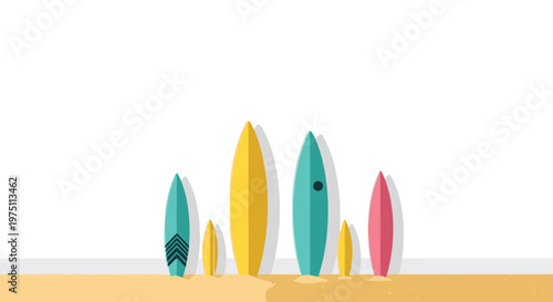 Colorful surfboards standing upright in the sand against a clean white background featuring a vibrant and minimalist summer beach vacation design style.