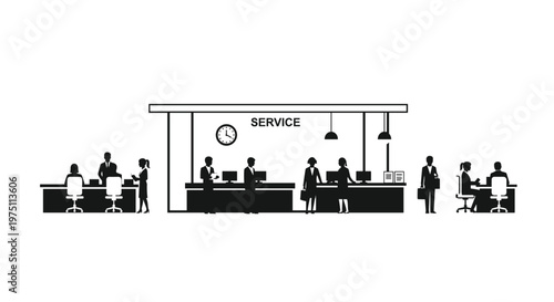 Busy service office environment featuring multiple silhouette staff members and customers interacting at workstations under a bright, clean white background.
