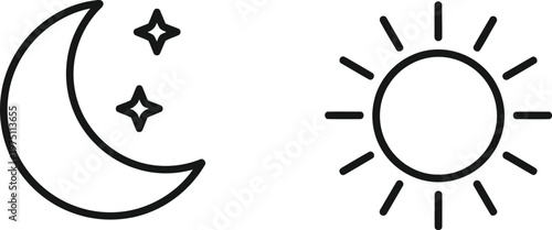 A minimalist black line art icon featuring a crescent moon with stars and a radiant sun symbol. Vector