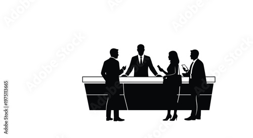Professional business silhouettes standing at a modern reception desk while interacting with a central staff member in a clean corporate office environment.