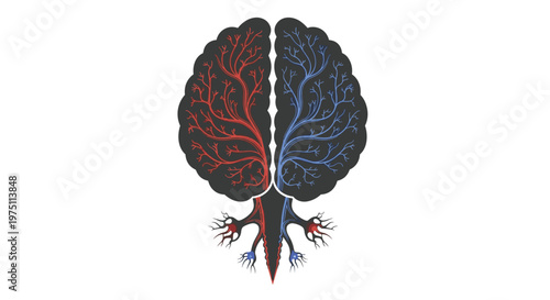 Stylized human brain illustration featuring intricate red and blue vascular branching patterns emphasizing complex neurological pathways and blood circulation.