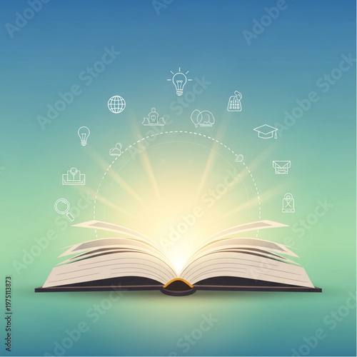 Open book emitting glowing symbols of knowledge and imagination.