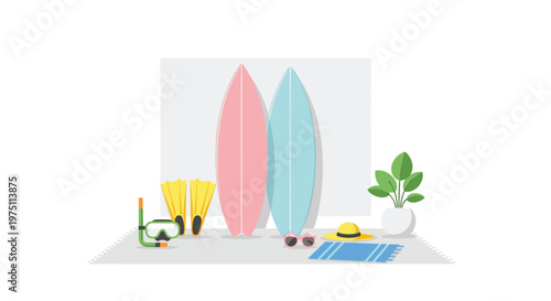 Beach vacation gear set including two surfboards snorkel equipment flippers sun hat sunglasses and a towel arranged neatly on a bright clean background.