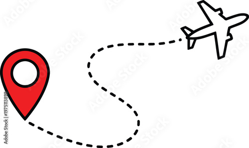 Tableau sur toile A simple line drawing of an airplane departing from a bright red map location pi