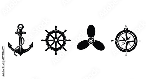 Detailed nautical icons featuring a classic anchor ship wheel propeller and compass rose displayed in a clean minimalist black silhouette on white background.