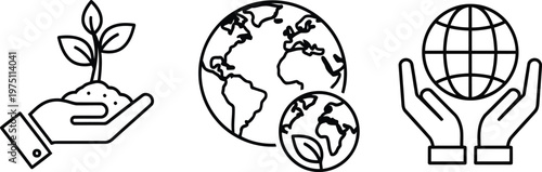 A collection of three linear icons representing environmental protection and global conservation. Vector