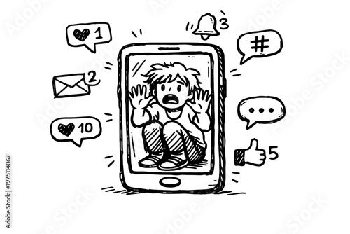 Style icon doodle simple black addiction smartphone trapped floating naive lines vector