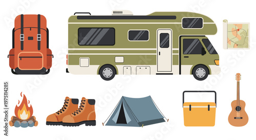 Flat vector camping equipment including a green motorhome and orange backpack sits on a neutral background with a warm color palette and clean line work.