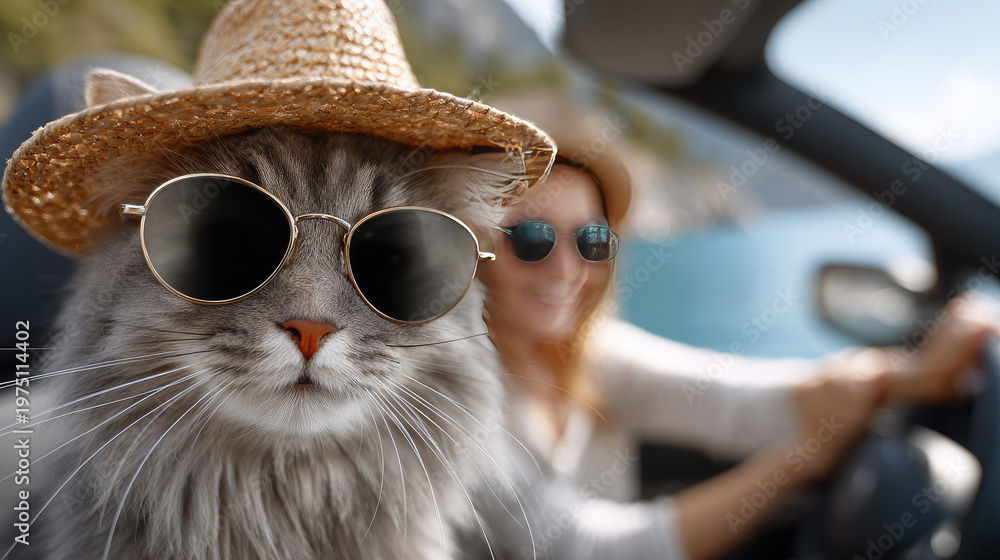 Obraz premium Adorable cat driving car, wearing round glasses and a straw hat, dressed in a tropical shirt, enjoying a fun summer road trip adventure against a blurred waterside background