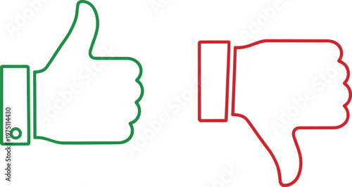 A minimalist graphic showing a green outline thumbs up and a red outline thumbs down gesture icon. Vector